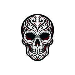 Fototapeta premium Decorative black and white skull with symmetrical swirl patterns.