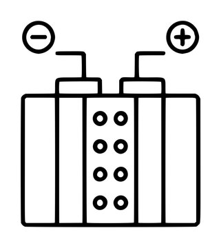 Hand-traced vector line illustration icon of a hydrogen fuel cell stack with minus and plus electrical terminals, neutral polarity battery module outline, isolated on white background