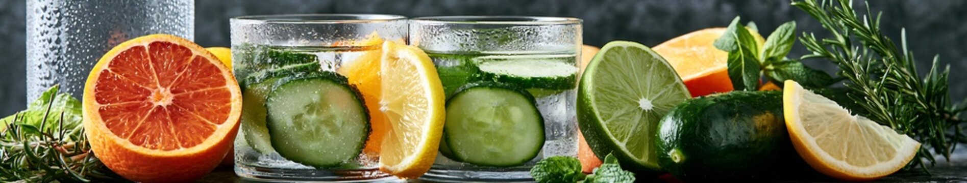 Refreshing Drink Cucumber and citrus infused sparkling water in glass tumblers with lemon, lime, blood orange, mint and rosemary on dark wooden surface