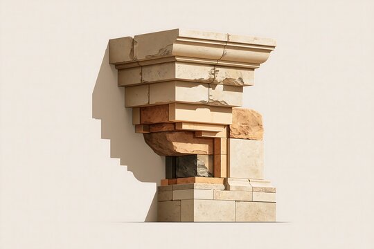 Architectural stone corbel fragment with detailed texture and shadow on a plain light