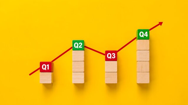 Wooden block bar chart with a red upward arrow and quarterly text labels. Concept of corporate financial growth and annual revenue performance.