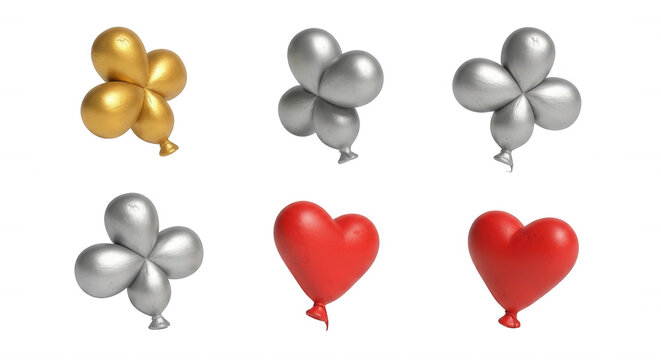 3d rendered balloons in gold silver and red arranged in a row against a white backdrop potentially for design or celebratory purposes