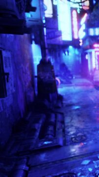People walk through a dark alley at night. Neon lights glow along the walls. The ground is wet from rain, reflecting the bright colors. Sounds echo in the narrow space.