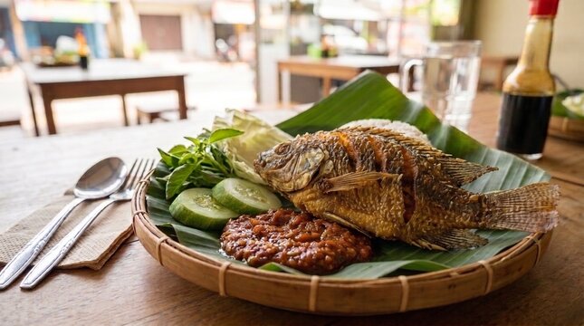 Crispy Fried Tilapia with Sambal and Steamed Rice called ikan nila sambal pecel