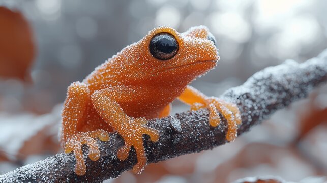 An orange amphibian perched on a frosty branch with a soft, blurred background