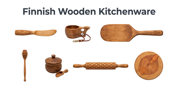 Finnish wooden kitchenware collection set with handcrafted carved birch spatulas butter knife kuksa cup and baking tools isolated on transparent