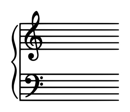 Grand staff musical notation vector icon illustration featuring treble and bass clefs on five-line staves with brace bracket