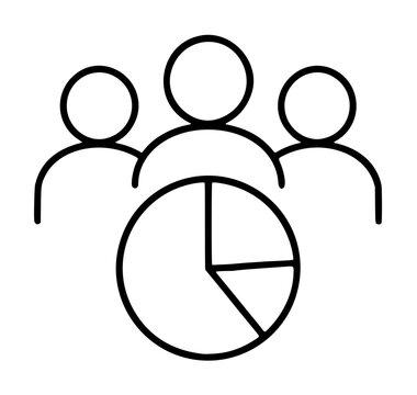 Hand-traced vector icon of a group statistics concept featuring three stylized human silhouettes above a pie chart divided into segments, rendered in clean black outlines