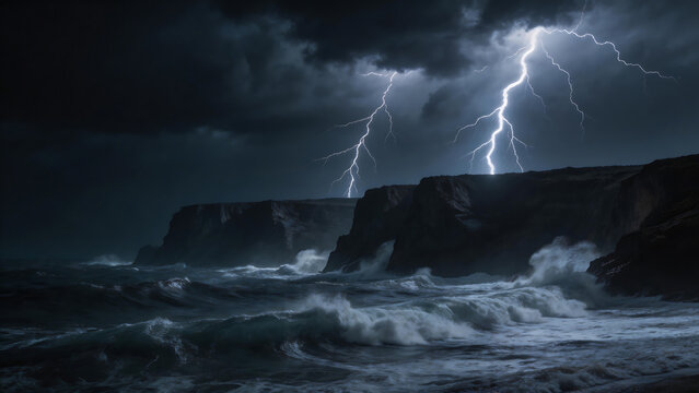 Stormy ocean cliffs with lightning