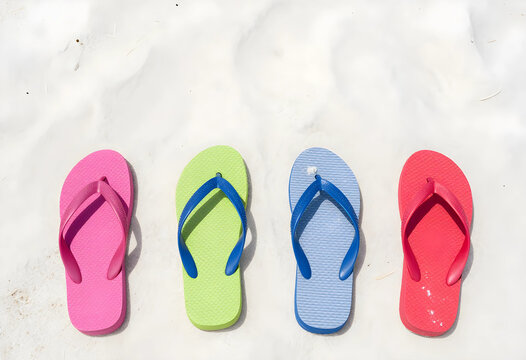 Four colorful flip flops on white sand, summer vacation and beach holiday concept, top view with copy space