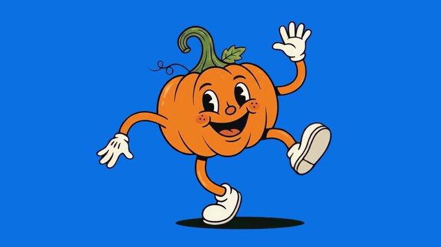 A cheerful retro 1930s rubber hose cartoon pumpkin character stepping and waving hands against a vibrant blue studio backdrop. Great for Halloween video intros, seasonal store advertisements, and retr