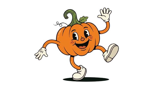 A happy 1930s rubber hose style cartoon pumpkin mascot with white gloves dancing joyfully on a white background. Perfect for Halloween promos, autumn sales, Thanksgiving party invitations, and vintage