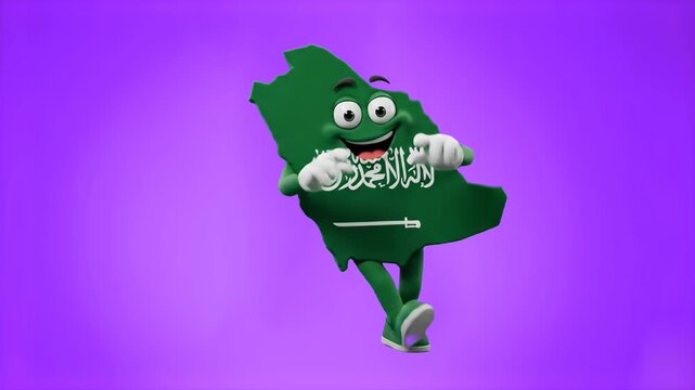 A detailed 3D model of the Saudi Arabia map shape as a cheerful animated character with the green Saudi flag pattern and sword, dancing enthusiastically against a solid purple studio backdrop. Designe