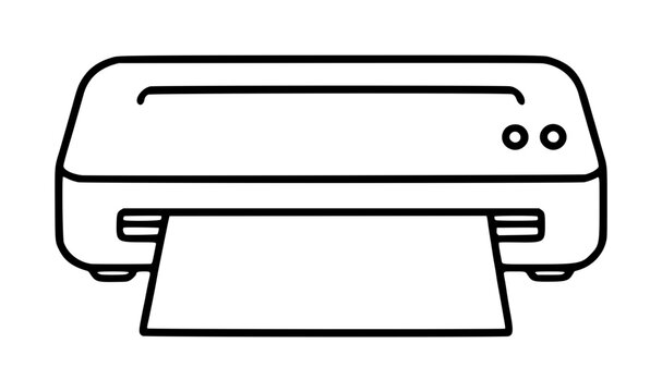 Hand-traced black vector icon illustration of a desktop laminator machine printing a sheet of paper, simple line art design on white background, minimalist office equipment concept