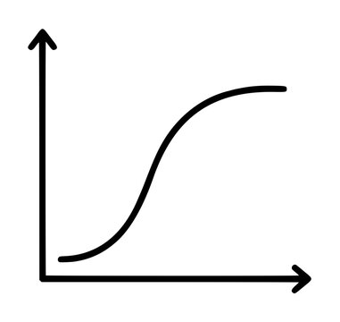 Hand-drawn learning curve vector icon depicting sigmoid growth chart on coordinate axes with arrow tips pointing up and right for educational infographic design