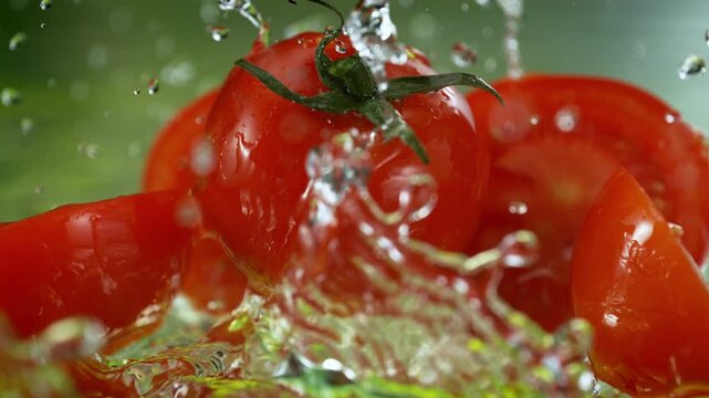 Super Slow Motion Shot of Fresh Tomatoes Falling into Water and Making Splash at 1000fps.