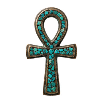 Ancient egyptian ankh symbol inlaid with turquoise stones, a powerful emblem of life and immortality, captured in a detailed studio shot with a clean white background.