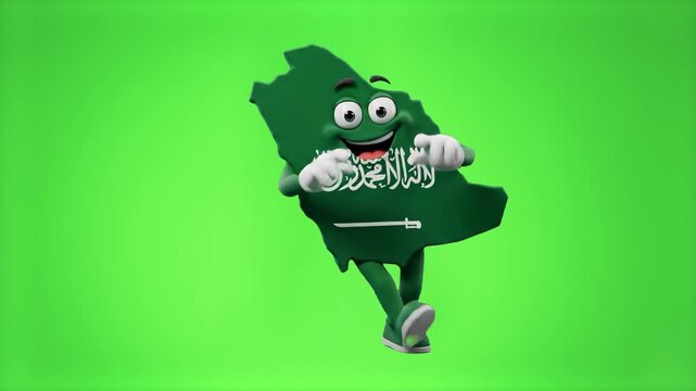 A cheerful green 3D map character of Saudi Arabia displaying national emblem graphics, moving enthusiastically on a chroma key green backdrop. Perfect for cultural media, regional promos, and educatio