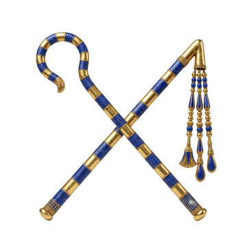 Ancient egyptian crook and flail symbols of pharaonic power, ornate gold and blue striped artifacts crossed in a studio setting with a white background.