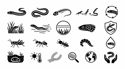 Obraz premium Black and white icons of various insects and nature symbols.