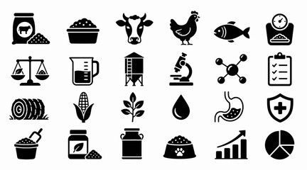 Naklejka premium Black and white icons of agriculture science and industry symbols.