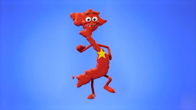 Cute 3D cartoon character shaped like the map of Vietnam with red color and yellow star dancing isolated on a blue background. Perfect for Vietnam travel promos, asian tourism commercials, national ce