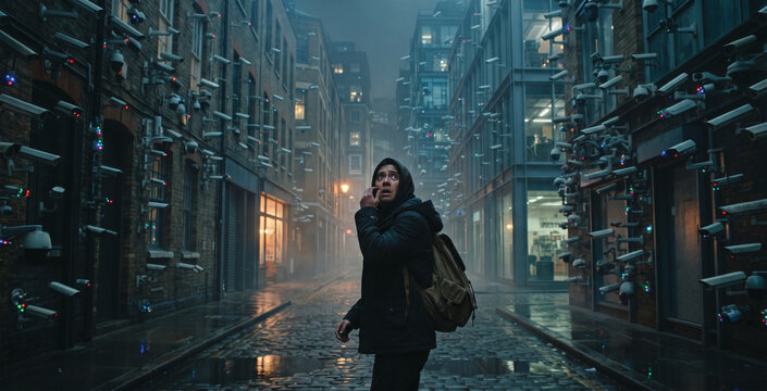 Person in Hoodie Standing in Alleyway Covered in Security Cameras
