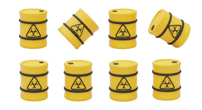 rendering of eight yellow barrels with biohazard symbols arranged to highlight chemical waste disposal safety and environmental protection