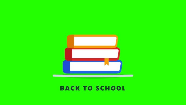 Stack of colorful books falling with back to school text vector motion on isolated green screen