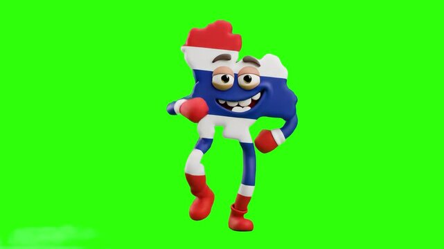 A fun 3D mascot shaped like the map of Thailand textured with the red, white, and blue flag, wearing boxing gloves and dancing on a chroma key green screen. Great for sports promotions, travel content