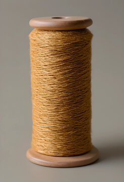 Brown natural fiber thread spool on a wooden bobbin, textile and craft material, isolated on a neutral background