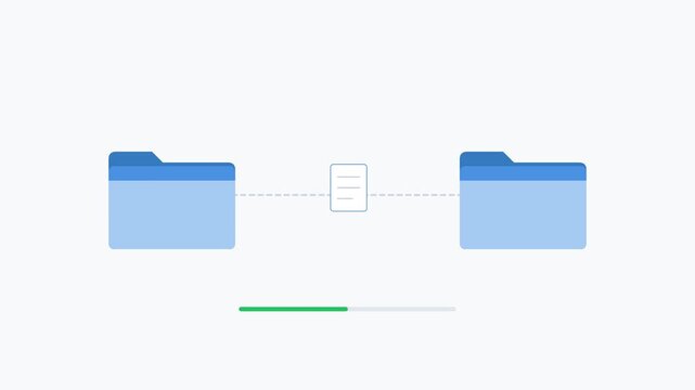 Flat Animation of File Transfer Process Between Folders with Progress Bar Loading for Data Migration