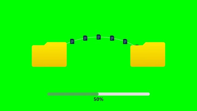 Animation of Data File Transfer Between Two Folders with Progress Bar on Green Screen Background