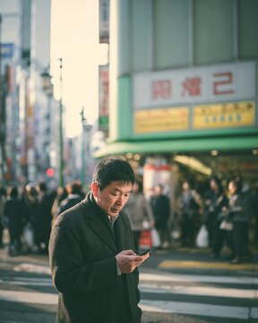 Japanese Commuter Checking Transit App on City Street
