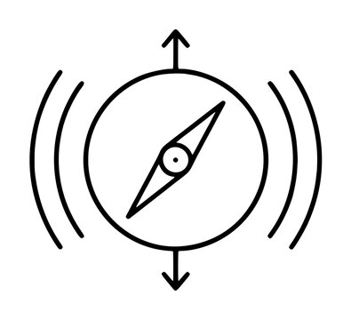 Hand-drawn black vector icon of a magnetometer compass with directional arrows and radio wave signals for navigation, science, and exploration illustration