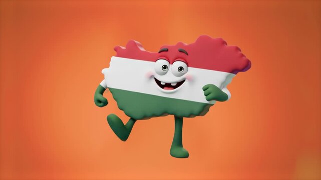 A happy 3D Hungary country map mascot styled with the national tricolor flag dancing joyfully on a vibrant orange background. Great for travel channel graphics, European geography content, cultural vi