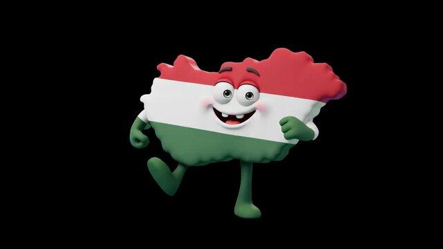 Cute 3D cartoon character shaped like the map of Hungary with Hungarian flag colors walking happily isolated on a dark background. Great for Hungarian culture promos, tourism videos, travel guides, na