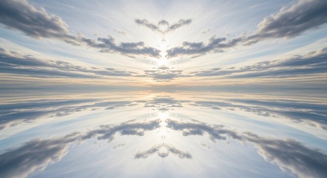 Symmetrical abstract landscape with a mirrored reflection of a cloudy sky at sunset, creating a surreal and calming visual experience