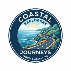 Fototapeta premium Coastal Explorers Journeys logo featuring winding road along scenic ocean cliffs