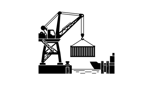 A silhouette of a large industrial crane lifting a shipping container at a dock, with a ship docked nearby and loading equipment. The scene depicts activity in a port or harbor.