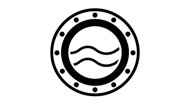 A simple black and white illustration of a porthole with a wavy line symbol inside.