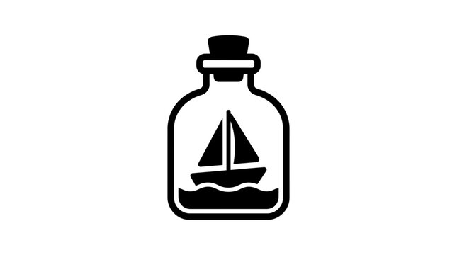 A simple icon of a sailboat inside a glass bottle with a cork stopper. The sailboat is depicted in silhouette with a triangular sail and waves beneath it