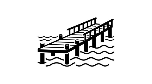 A wooden pier extending into calm water, depicted in a minimalist style with clean lines and a monochromatic palette