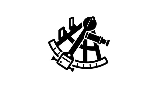 A stylized illustration of a sextant, a navigational instrument, depicted in black silhouette against a white background