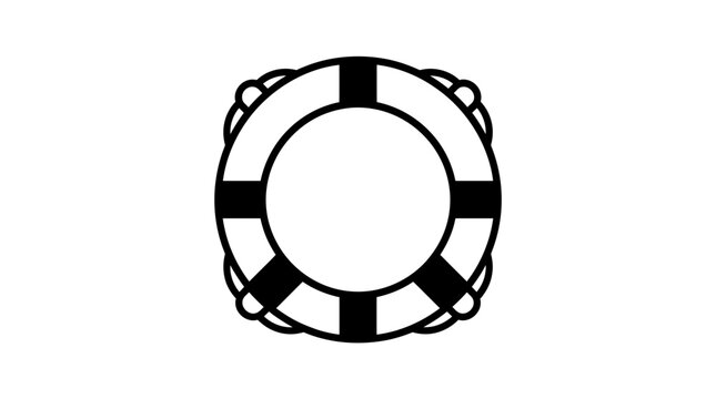 A simple line drawing of a life preserver ring with a black and white striped pattern. The ring has a rope-like texture around its edge