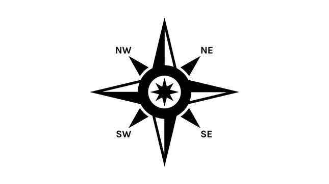A black and white graphic of a compass rose pointing north, south, east, and west, with intercardinal directions labeled