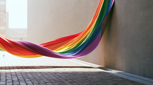 Rainbow Fabric Flag Flowing Against Urban Wall