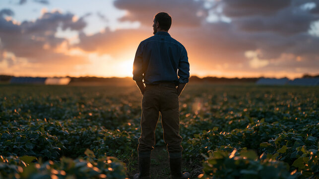 Man Standing in Agricultural Field at Sunset