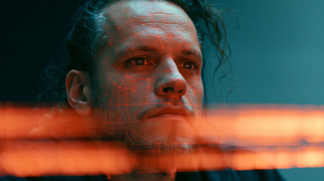 Man with Digital Network Lines Overlay in Neon Light