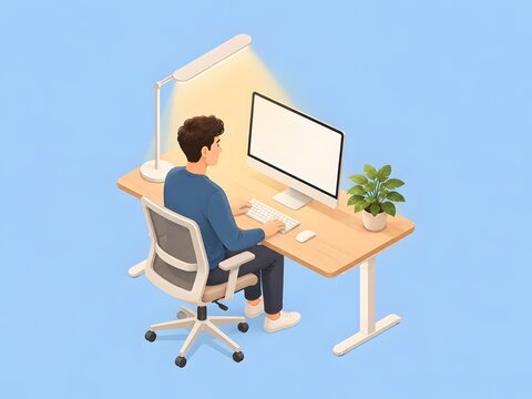 Man working at desktop computer on modern desk in isometric home office remote workplace setup